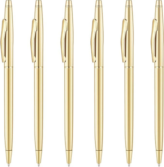 Unibene 6 Pack Slim Gold Ballpoint Pens Black Ink 1 mm - Black Ink, Nice Gift for Business Office Students Teachers Wedding Guest