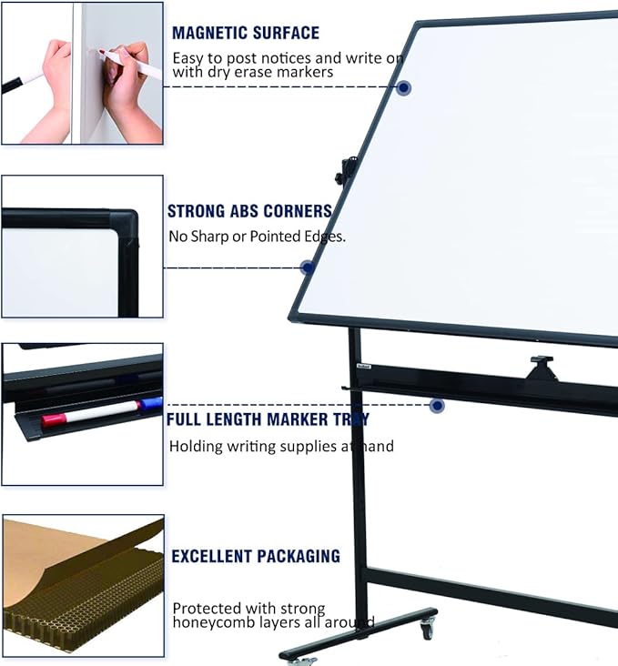 72" x 48" Double-Sided Mobile Whiteboard with Stand, Extra Large Rolling Magnetic Dry Erase Board, Reversible Black Frame Whiteboard for Office, Classroom, Heavy-Duty Presentation Easel