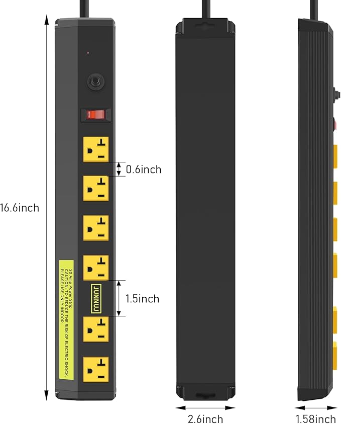 JUNNUJ Heavy Duty Metal Power Strip 20 Amp, High Amp Surge Protector 6 Outlet, 20A Power Strips Workshop Industrial Outlets Wide Spaced 6-20R T-Slot with Circuit Breaker, 12 Gauge Extension Cord 15ft