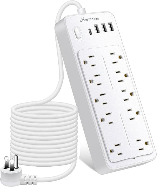 15 FT Power Strips with Surge Protection 1625W/13A,10 Outlets with 4 USB Ports (1 USB C) Long Extension Cord with Multiple Outlets 16Awag 1700J Flat Plug Power Strip Protector White,ETL Listed