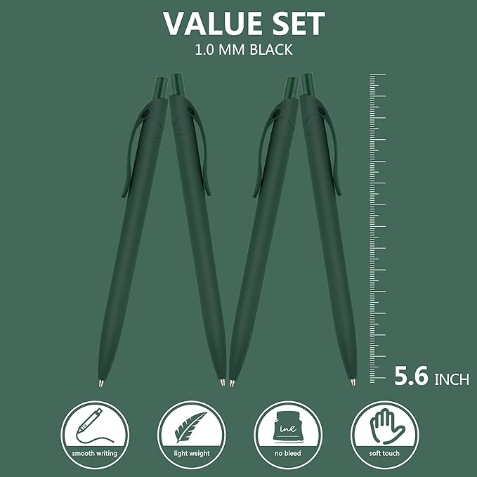 Deegtran 100 Pack No Bleed Green Barrel Click Pens, Wholesale Retractable Ballpoint Pens, Medium Point, Smooth Ink, 1.0MM Black Ink