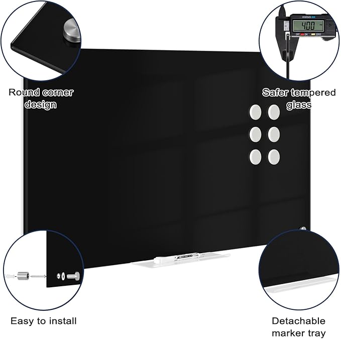 Black Dry Erase Board, 24" x 18" Magnetic Glass Whiteboard for Wall, Black Glass White Board with 1 Marker Tray and 3 Magnets for Office, Home, Classroom