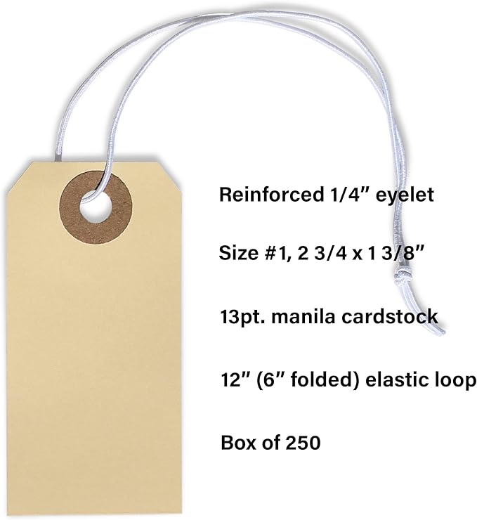 Manila Tags With Elastic String - #1, 2 3/4" x 1 3/8", Box of 250 Paper Labels With Reinforced Hole and Attached Loop, 250 Count