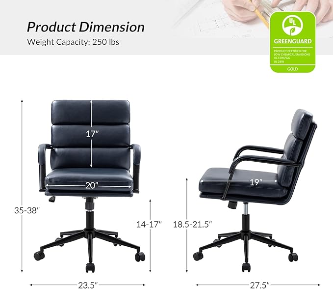 HULALA HOME Modern Faux Leather Home Office Chair with Tilt Lock & Metal Base, Desk Chair with Wheels & Padded Cushion, 360° Swivel Wide Seat Computer Task Chair, Black