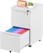 Greenvelly 2 Drawer Mobile File Cabinet with Lock, Metal Filing Cabinet on Wheels, Under Desk File Cabinet for Home Office Organizer Letter/Legal/A4 File (Assembly Required, White)
