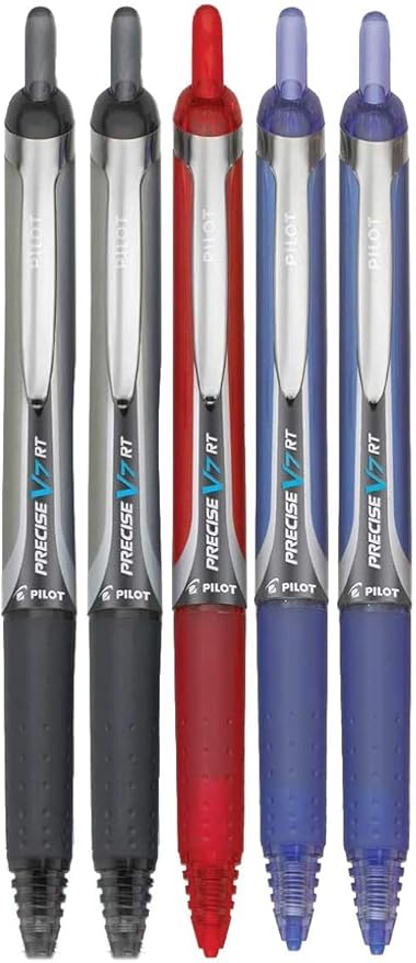 Precise V7 RT Retractable Rolling Ball Pens, Fine Point (.7mm), Assorted Colors Black/Blue/Red Ink, 5-pk; Premium Comfort Grip, Bundle with Plastic Reusable Pouch