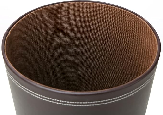 KINGFOM Classic Pu Leather Trash Can Wastebasket, Garbage Container Can for Bathrooms, Powder Rooms, Kitchens, Home, Office and and High Class Hotel Round Brown