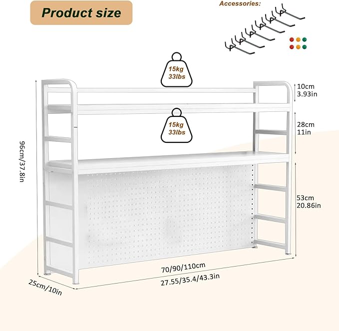 ZWCQSYS 2-Tier Desktop Bookshelf Hutch - Metal Desk Shelf Bookcase with Desk Pegboard Countertop Storage Organizer Rack for Dorm or Office (B, 90cm/35.4in)