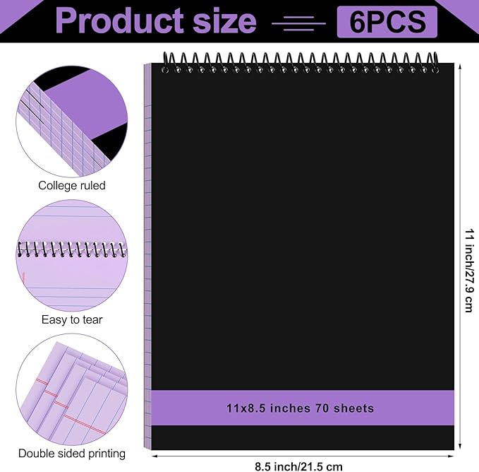 6 Pcs Legal Pad Top Spiral Bound Notebook 70 Sheets Wirebound Notepad Double Sided Ruled Memo Steno Book with Stiff Back Cover for Business(8.5 x 11 Inches,No Holes,Purple)