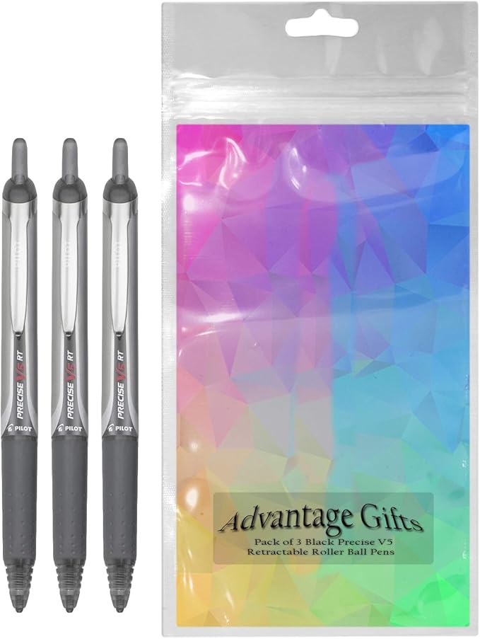 Precise V5 RT Retractable Rolling Ball Pens, Extra Fine Point (.5mm), Black Ink, 3-pk; Premium Comfort Grip, Bundle with Plastic Reusable Pouch
