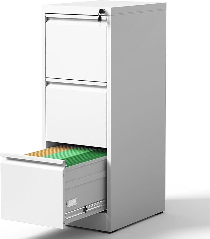 3 Drawer File Cabinet with Lock, Vertical File Cabinet with Lock, Locking File Cabinet Hanging Files for A4/ Legal/Letter,White