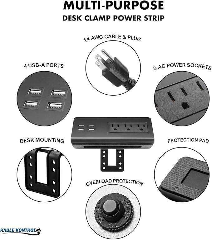 Kable Kontrol Desk Clamp Power Strip with 4 USB-A Ports, Nightstand Charging Station, 3 AC Outlets, Fast Charger, Easy Installation for Home, Offices, Hotels – 4.9 Ft, Black, 1 Pc
