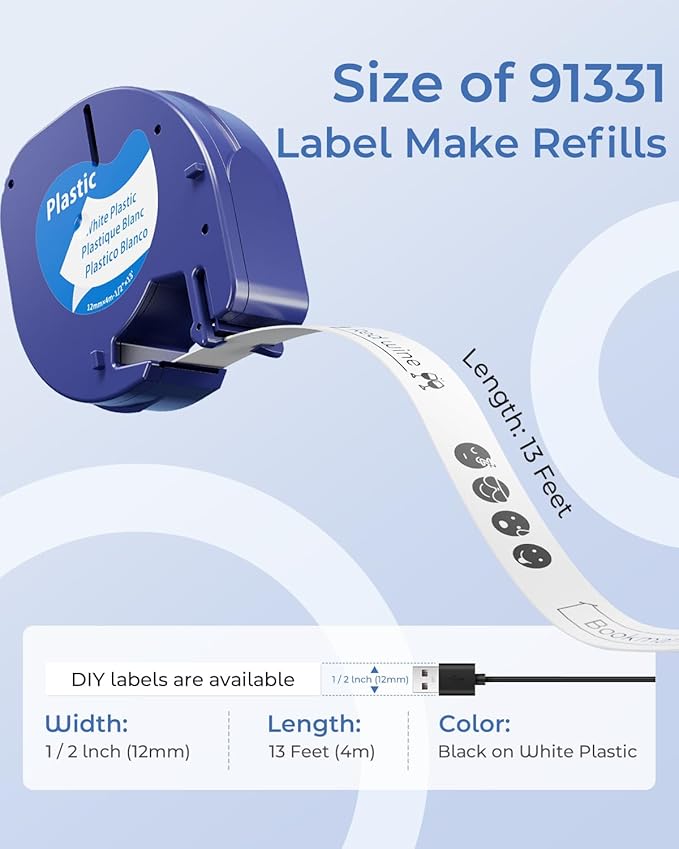 6-Pack Compatible with Dymo Letratag Refills 91331 White Plastic Label Maker Tape 12mm x 4m(1/2" x 13ft) Compatible with Dymo Label Maker Refills for Dymo Letra Tag 200B LT-100H 100T Plus
