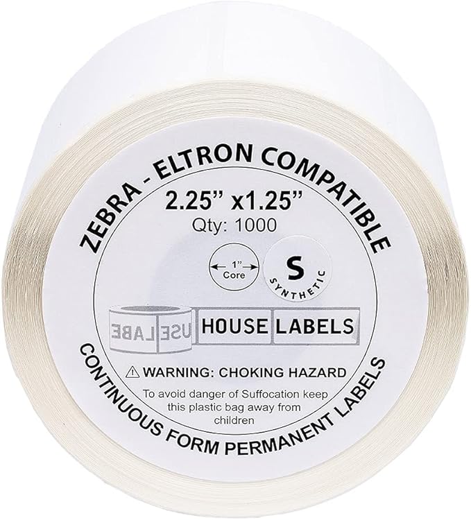 HOUSELABELS 2.25" x 1.25" Address Labels on 1" Core in Polypropylene Compatible with Zebra and Rollo Printers, 16 Rolls / 1,000 Labels per Roll