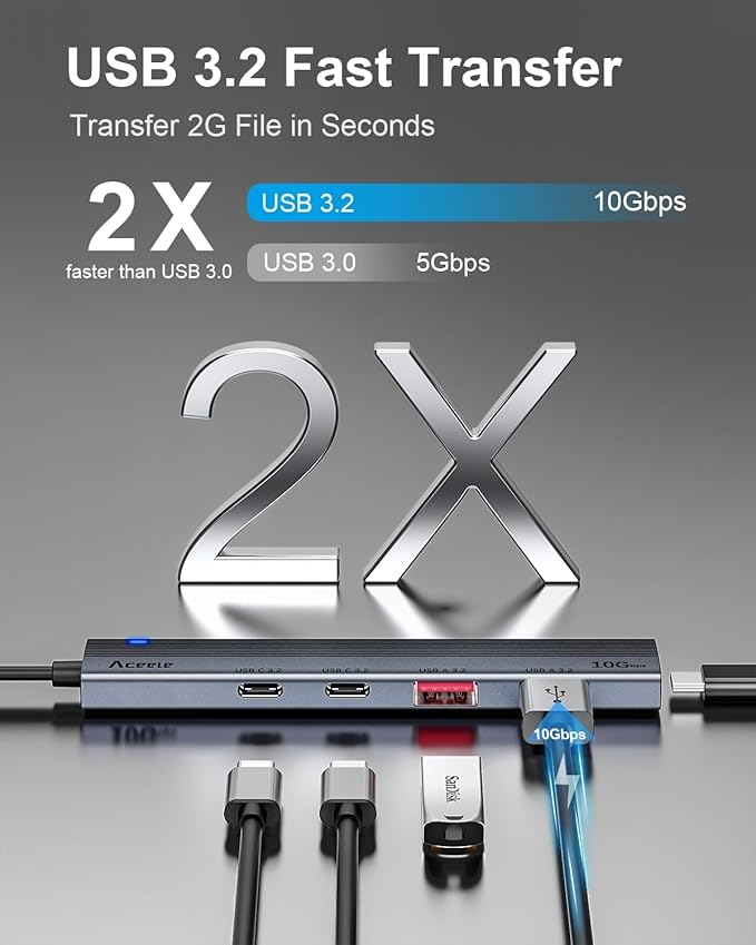 Aceele 10Gbps USB C Hub with 4 USB 3.2 Ports (2 USB A & 2 USB C), USB 3.2 Gen 2 3.3ft USB Cable Extender Hub with Type-C Power Port,Compatible for MacBook Pro 2021, iPad Pro 2021 and Other PC