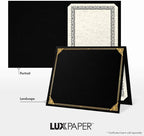 LUXPaper 9.5" x 12" Certificate Holders | Black Linen | Embossed Gold Foil Floral Border | 100lb. Cover | 25 Qty