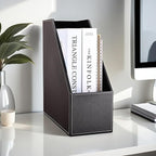 KINGFOM Wooden Leatherette Desktop File Folder Organizer and Document File Stand Journals Magazine Rack 2 Slots (black)