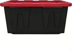 4-Pack Heavy Duty 27 Gallon Plastic Storage Bins with Lids - Stackable Large Storage Totes for Garage, Home Organization & Moving Supplies (Black Bases & Red Lids)
