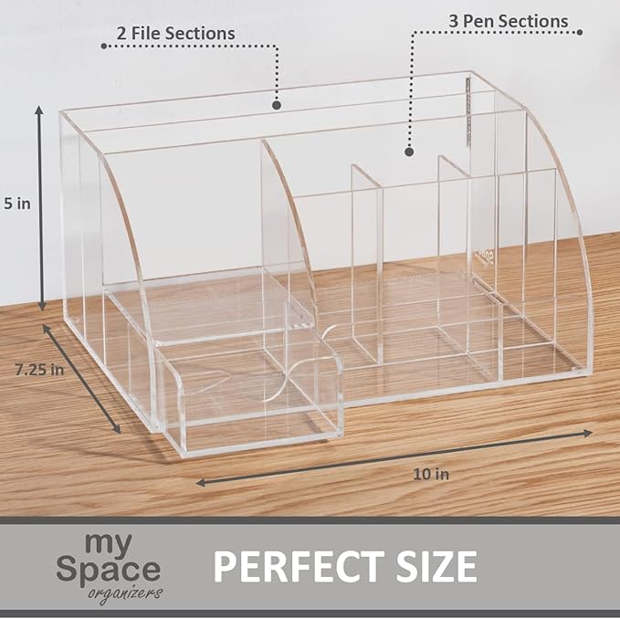 My Space Organizers Clear Acrylic Desk Oganizer, 9 Compartments, Office Supplies and Desk Accessories Organizer, Home Decor Desktop Organizer (Clear)