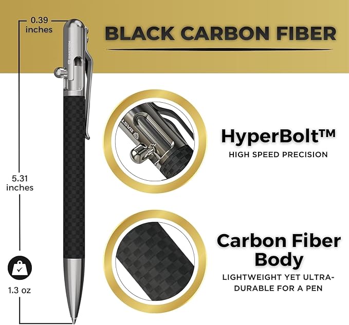 BASTION® Luxury Slim Bolt Action Pen, EDC Pen with Fine Tip, Professional Ballpoint Pen for School and Work - Carbon Fiber-Stainless Steel