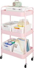 LIWNYRK 3 Tier Pink Rolling Cart for Nursery & Laundry Room with Handle & 4 Hooks, Metal Kitchen Storage Cart on Wheels and Lockable Casters, Large Capacity Sturdy Trolley for Lash Craft Bathroom