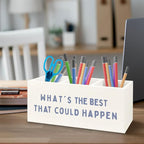 URLLUAE What's the Best That Could Happen Inspirational Wooden Pen Pencil Holder for Office Desk Accessories, Motivational Desk Decor, Retro Blue Makeup Brush Toothbrush Holder Organizer