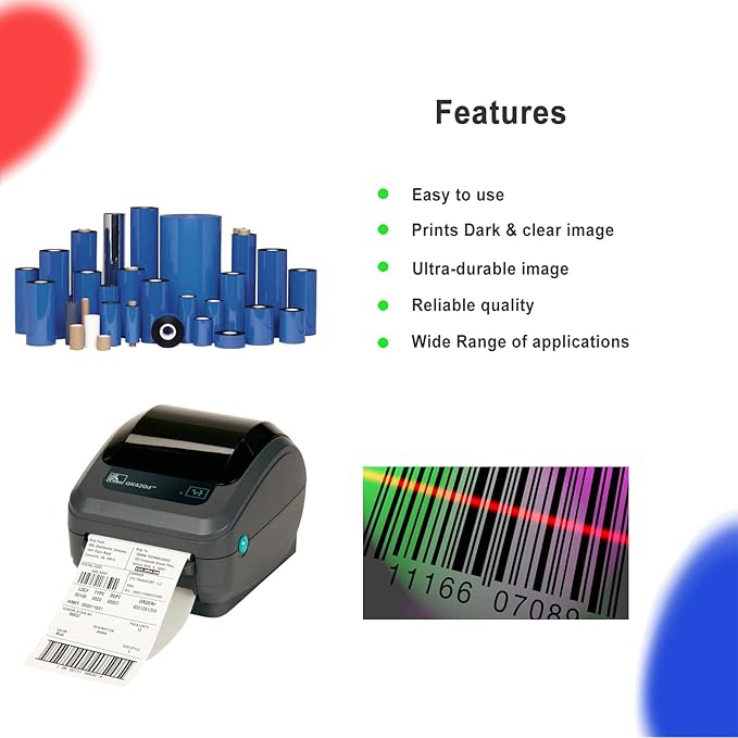 4 Rolls 4.33'' x 244' Premium Resin Enhanced Wax Ribbon, 110mm x 74m Black Thermal Transfer Ribbon, Desktop Barcode Thermal Label Printer Ribbons, 1/2'' Core, for Zebra GC, GK, GX, ZD & Eltron