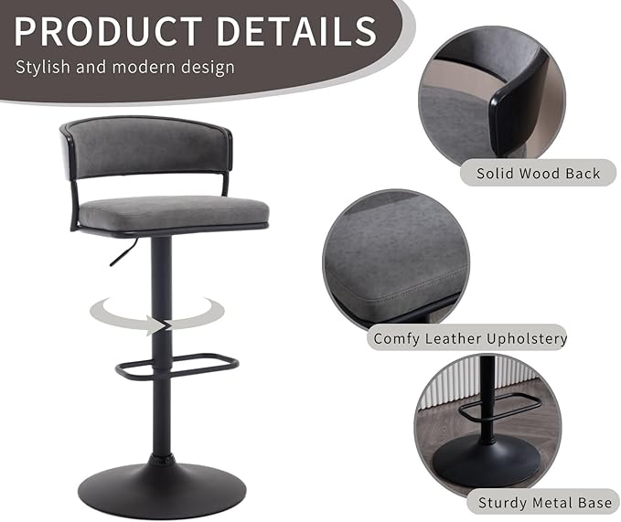 Adjustable Modern Bar Stools Set of 2 Faux Leather Barstools Swivel Counter Height Bar stools with Curved Back/Black Metal Base Comfy Upholstered Bar Chairs for Kitchen Island, Grey