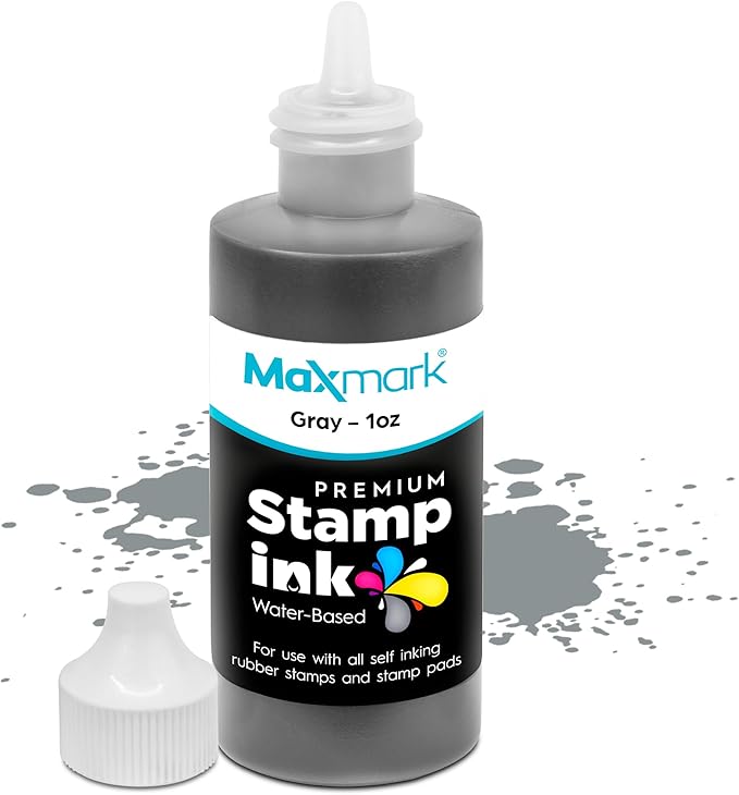 MaxMark Premium Refill Ink with Control Tip Bottle for Self-Inking Stamps, Gray Color - 1 oz.
