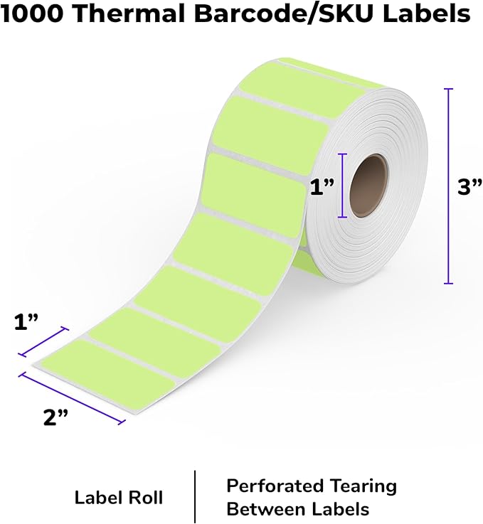 Rollo Direct Thermal 2x1 Sticker Labels - Roll of 1,000 Green Thermal Labels - Multi-Purpose Thermal Printer Stickers
