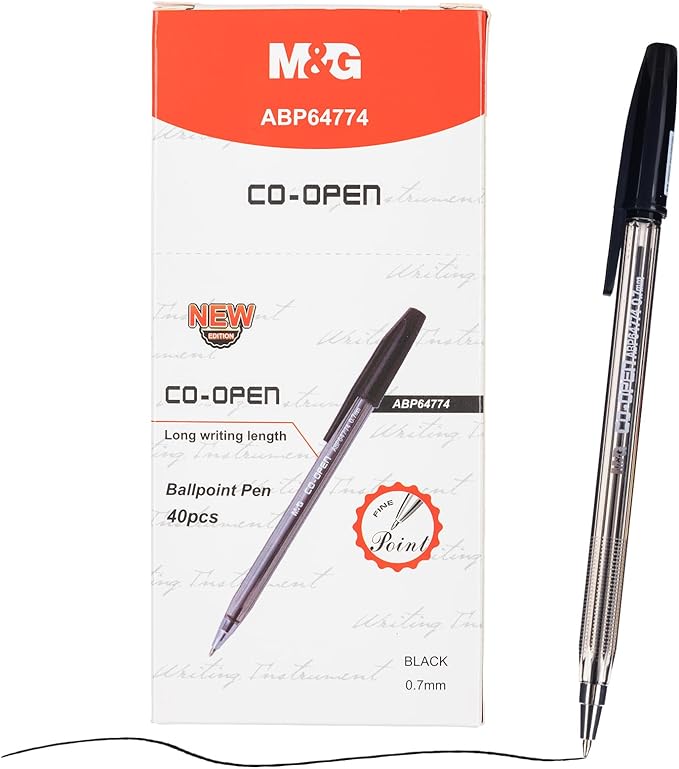 M&G Ballpoint Pens, Black Ink Ballpoint Pens Fine Point 0.7mm, Ball Point Pens Bulk Smooth Writing with Anti-Slip Grip & Plug-In Cover for Journaling Office Supplies School Women Men (40 Pack)