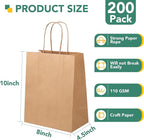 XPCARE 200Pack Paper Bags 8x4.5x10 Inch, Plain Medium Paper Bags with Handles Bulk, Kraft Paper Gift Bag, Retail, Party, Shopping, Favor Bag (Brown)