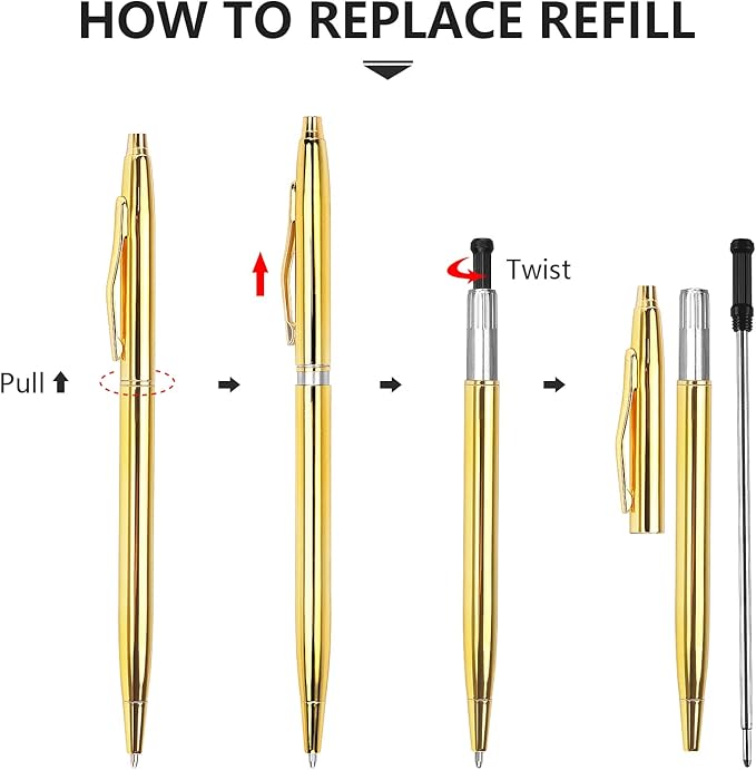 3 Pack Slim Gold Ballpoint Pens Black Ink 1 mm, Great Gift for Business Office Students Teachers Wedding Christmas (Gold)