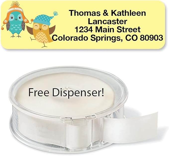 Owls Seasonal Rolled Personalized Return Address Mailing Labels with Dispenser, Set of 500, 5 Designs, Small ¾ x 2½ Inch Size, Custom Self-Adhesive Sticker Roll, by Colorful Images