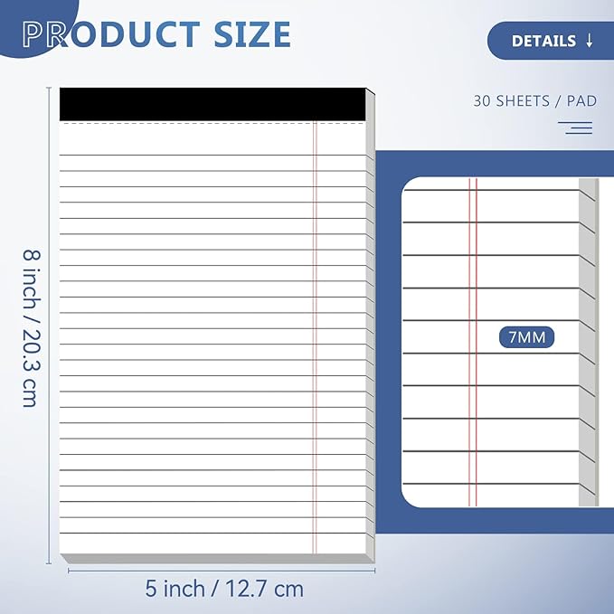 8 Pack Note Pads 5 x 8 Inch Small Legal Pads 5 x 8 White Notepad 5 x 8 Perforated Writing Pads Lined Paper Pads College Ruled Pad Paper 30 Sheets Notebook for Study, To-Do Lists, Office