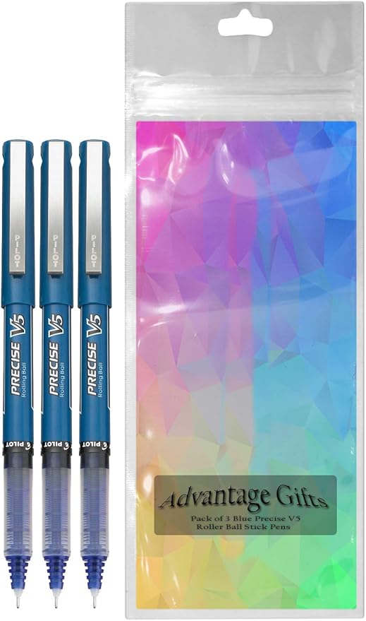 Precise V5 Stick Rolling Ball Pens, Extra Fine Point (.5mm), Blue Ink, 3-pk; Bundle with Plastic Reusable Pouch