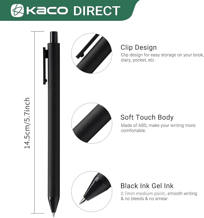 Kaco PURE Gel Pens Black Ink 0.7 mm Medium Point, 10 Pieces Set, Original Design, Quick Drying Aesthetic Note Taking Pens Office Supplies Cute Stationery (10 Black)