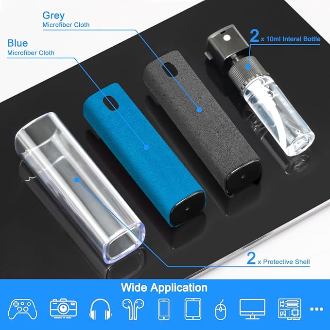 2 Pack Car Touch Screen Mist Cleaner, walrfid Laptop Screens and Phone Touchscreen Cleaning Kit for iPad, iPhone, MacBook Pro with Aipods Cleaning Pen, Small Brush and Eyeglass Cloth - Grey and Blue