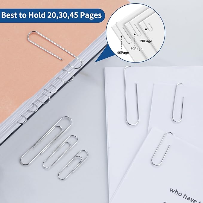 1800 Paper Clips Assorted Sizes Large, Medium and Small, Durable and Rustproof, Paperclips for Office School and Personal Use, Office Supplies Document Organizing (50mm, 33mm, 28mm) (Silver)