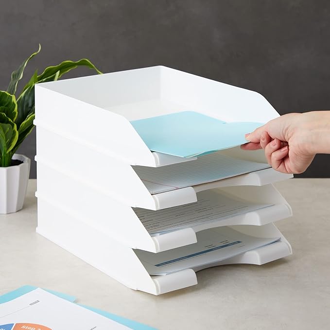 Stockroom Plus Rectangular Letter Trays - Paper Trays for Classroom - Desktop Paper Organizer & File Holder - Document Organizer for Desk Storage - Pack of 4, White, 10 x 13.5 x 2.5 in