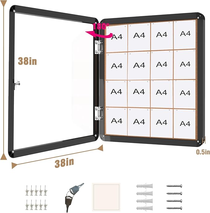 38"x38" Enclosed Bulletin Board, Lockable Weather-Resistant Aluminum Cork Noticeboard for School & Office Hospital, Black Frame w/Cork