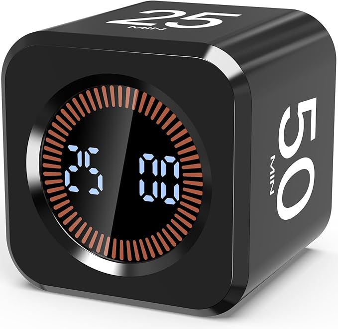 Digital Pomodoro Timer Cube 5/10/25/50min, Visual Productivity Flip Timer for Kids Classroom Desk, Custom Countdown, Silent and Sound Mode for ADHD Study Work Game Kitche(Black)