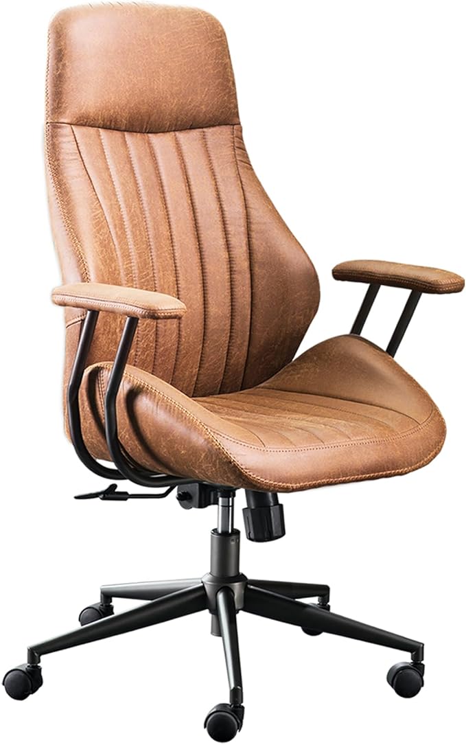 ovios Ergonomic Home Office Chair, Mid-Century Modern Faux Leather Chairs with Padded Armrests, Comfy High Back Swivel Rolling Executive Computer Armchair (Brown, Suede Leather)