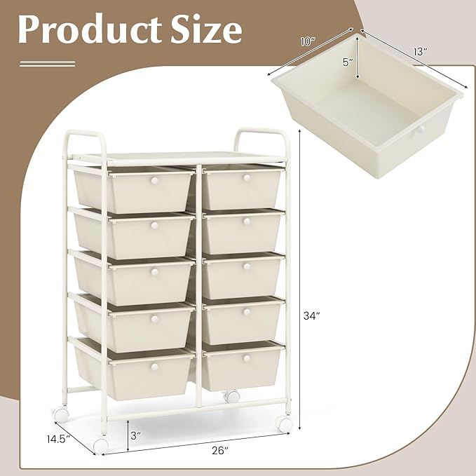 GOFLAME 10-Drawer Rolling Storage Cart, Art Craft Storage Organizer on Wheels, Multipurpose Movable Utility Cart for School, Office and Home, Ivory