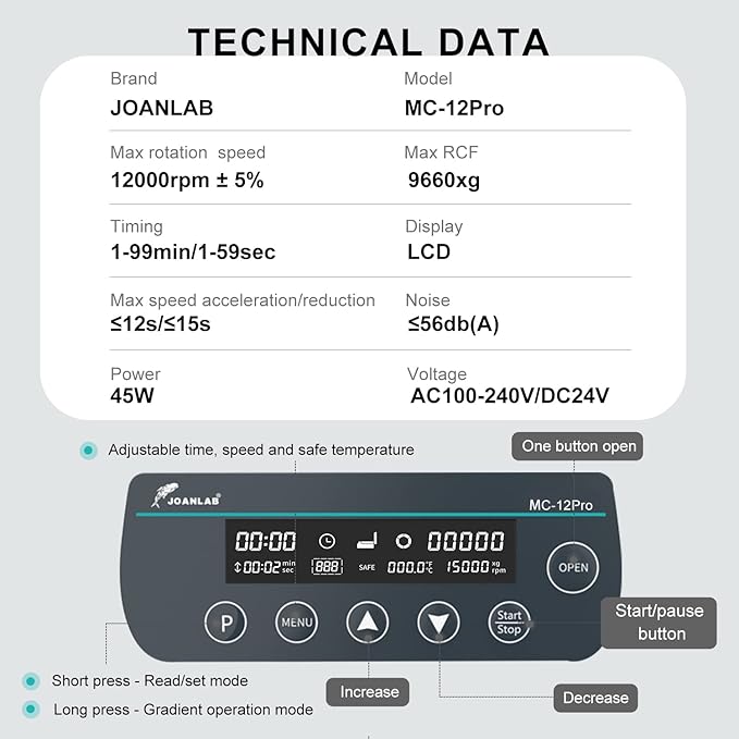 JOANLAB Lab High Speed Centrifuge Machine 12000rpm Bechtop Microcentrifuges 3 in 1 Rotor for 0.2/0.5/1.5/2mL Tube Capacity