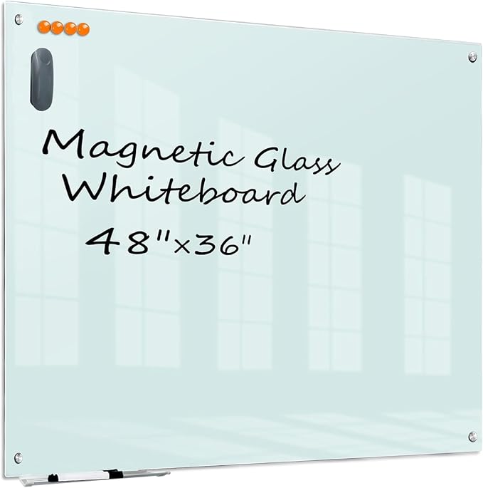 KIZZBY Glass Dry Erase White Board - Magnetic Boards for Wall, 48"x36" Large Frameless Whiteboard for Office, Home & School