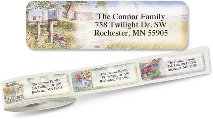 Colorful Images American Countryside Rolled Personalized Return Address Mailing Labels with Dispenser, Customize with Name & Shipping Address, 250 ¾” x 2½” Self Adhesive, Easy Peel Label Roll