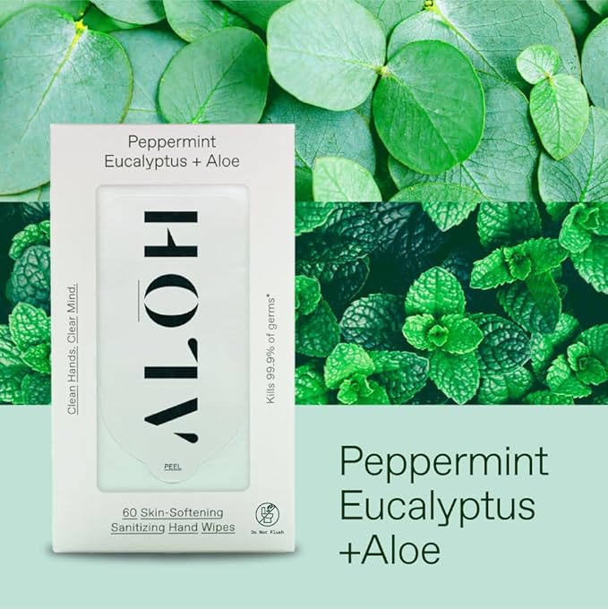 ALŌH Peppermint Eucalyptus Sanitizing Hand Wipes - Clean Hands, Clear Mind On The Go Sanitizer for Kids and Adults - Travel Size 6 packs of 20ct Wipes (120 Wipes)
