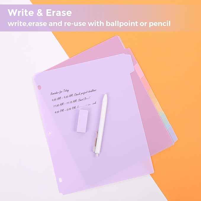 SKYDUE Durable Plastic 8-Tab Dividers, Big Tab Dividers for 3 Ring Binder, Write & Erase 3 Ring Binder Dividers with Tabs, with Sticker Labels, 1 Set, Pastel Color (Purple)