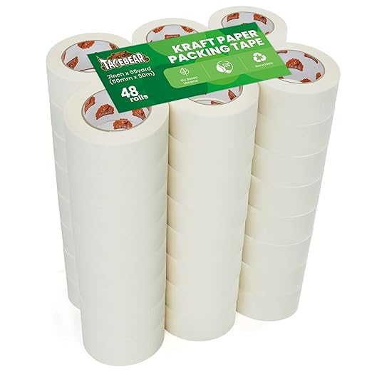 48Rolls Eco-Friendly Kraft Paper Tape 2Inch x 55Yard, White Paper Packing Tape, Biodegradable Recyclable Packaging Tape Self Adhesive Box Tape for Shipping, Sealing, Moving